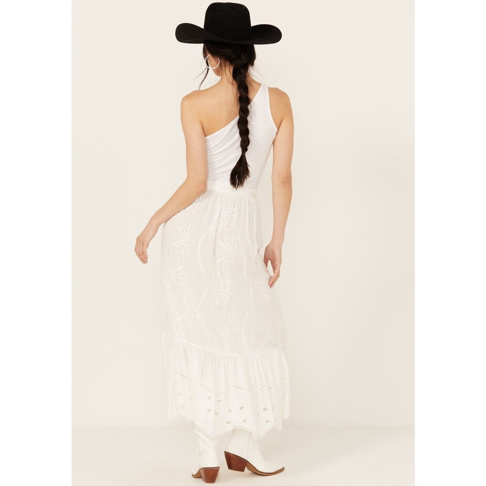 Beyond the Radar White Embroidered Eyelet Wrap Maxi Skirt Bohemian High Low - Picture 2 of 15